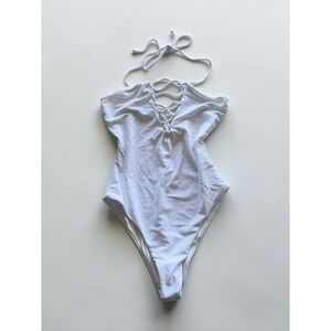 Tobi White Ribbed Lace Up‎ Front One Piece Swimsuit Womens Medium